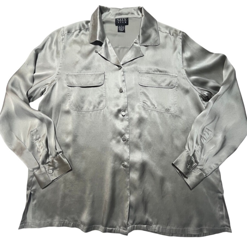 City Silk Womens Large 100% Silk Blouse Gray Satin Minimalist Capsule